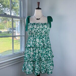 Fabrik Smocked Green and White Floral Ruffle Dress Small